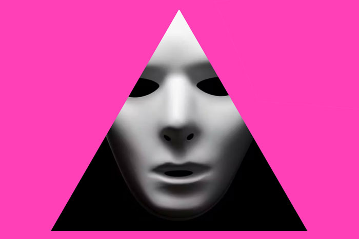 A featureless white mask is inside a triangle, on pink background