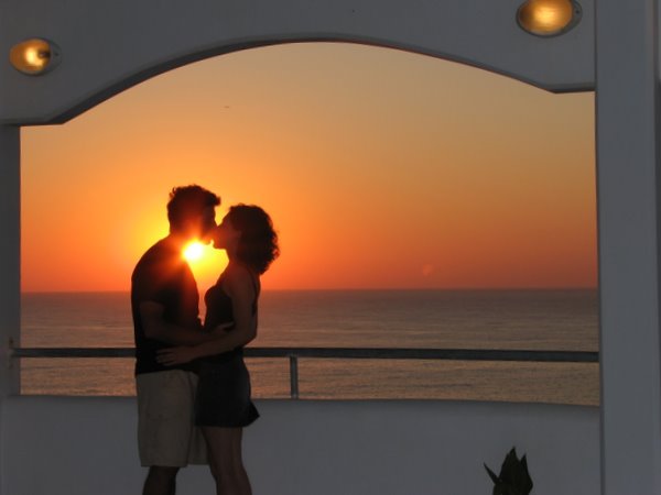 A goodbye kiss at sunrise as Lucile heads off to Santorini, Kolymbari, Crete, Summer 2008