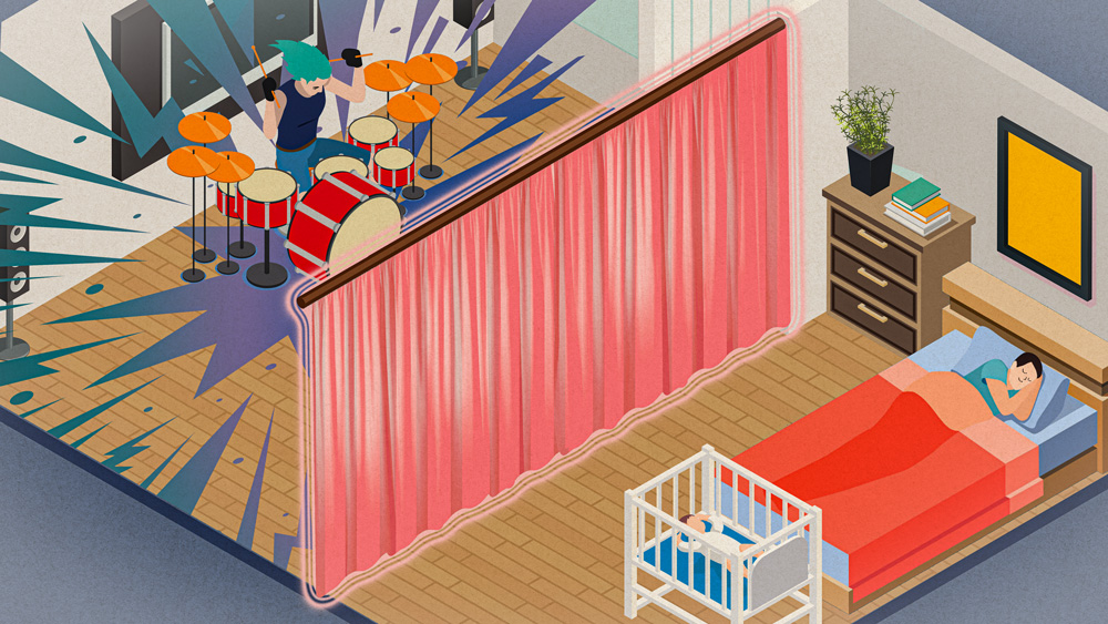 An isometric drawing shows a large room divided by a vibrating pink curtain. On the left is a person loudly playing the drums, with emanating rays of sound. On the right is a person sleeping peacefully in bed, and a baby sleeping in a crib.